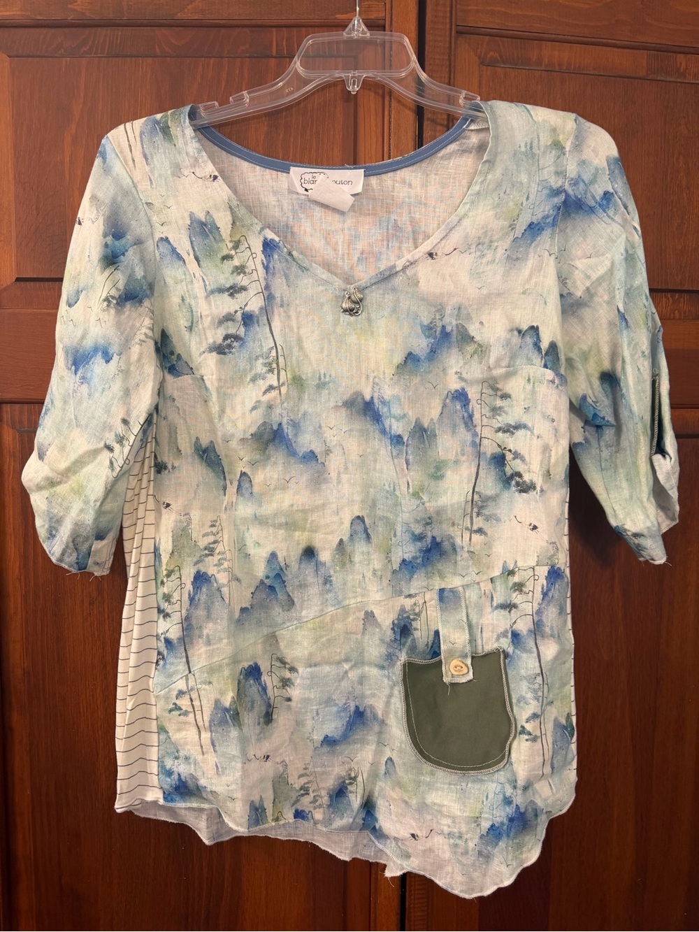 Women's Linen/Bamboo Watercolor Pocket Top Blue & Green